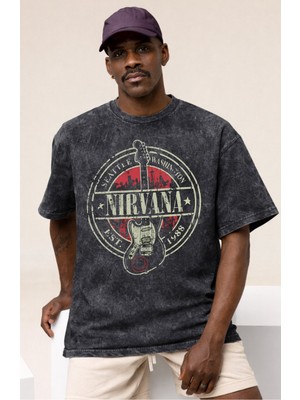 Sevbano Nirvana Rock Metal Müzik Grubu Baskılı Unisex Oversize Vintage Yıkamalı Tişört
