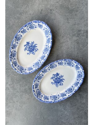 Antique Baby Blue 2'li 25 cm Porselen Orta Boy Kayık Sunum Seti, Mavi