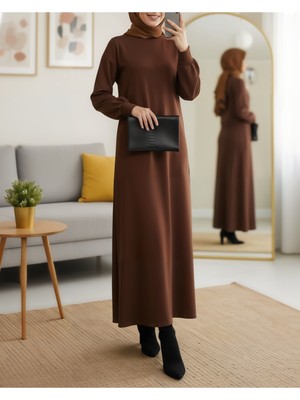 Moda Morfo Yuvarlak Yaka Uzun Oysh Elbise -Kahve