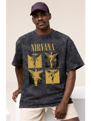 Sevbano Tasarım Nirvana Rock Metal Müzik Grubu Baskılı Unisex Oversize Vintage Yıkamalı Tişört