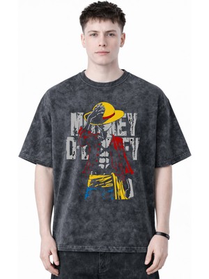 Sevbano Tasarım Monkey D. Luffy One Piece Anime Baskılı Unisex Oversize Eskitme Yıkamalı Tişört