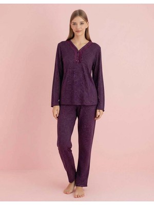 Pijamerry Kadın Bambu Baharlık Dantel Yaka Uzun Kol Ince Pijama Takımı 5207M - 1 Adet