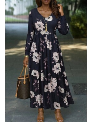 MiraLive Miray- Kadın Uzun Kollu V Yakalı Çiçek Desenli Maxi Süprem Elbise