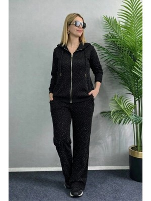 MiraLive Miray- Kadın Uzun Kollu Kapşonlu Fermuarlı Taşlı Önü Fermuarlı Viskon Iki Iplik Bluz ve Eşofman Altı Ikili Takım