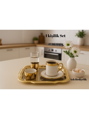 Lüx Tek Kişilik Gold Porselen Fincan Sunum Seti, Şık Kahve Servisi