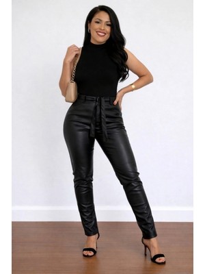 MiraLive Miray- Kadın Yüksek Bel Kuşaklı Deri Pantolon