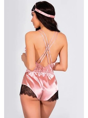 Esranın Dünyası  Pembe Dantelli Sırtı Çapraz Saten Şort Tulum