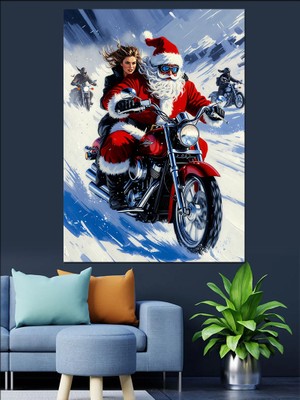 Karizma Tablo Karda Motosiklet Süren Noel Baba  Dekoratif Kanvas - Mdf Ahşap Tablo