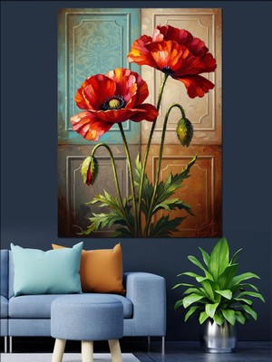 Karizma Tablo Vazoda Kırmızı Gelincik Çiçekleri Dekoratif Kanvas - Mdf Ahşap Tablo