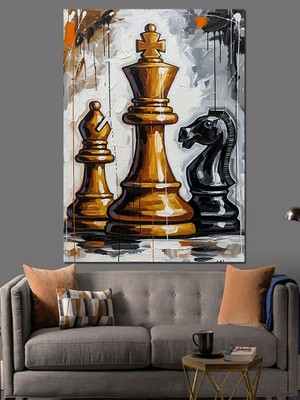 Karizma Tablo Altın Satranç Taşları Klasik Dizilim Dekoratif Kanvas - Mdf Ahşap Tablo