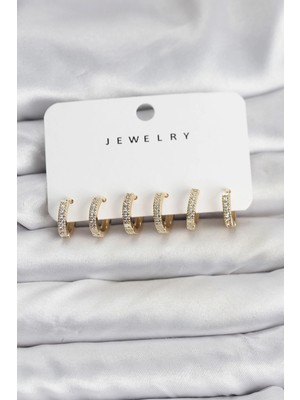 Eco Lounge Gold Renk Pirinç Zirkon Taşlı Halka Kadın Küpe Seti