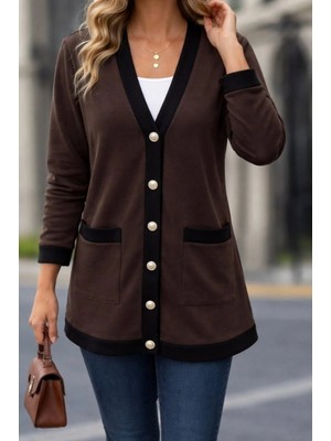 MiraLive Miray- Kadın Uzun Kollu Cepli Önden Düğmeli Uzun Modal Ceket Hırka