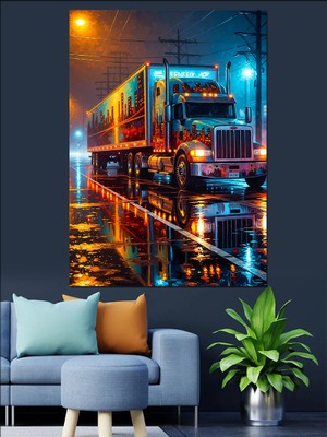Karizma Tablo Gece Yağmurlu Şehirde Nakliye Tırı Dekoratif Kanvas - Mdf Ahşap Tablo