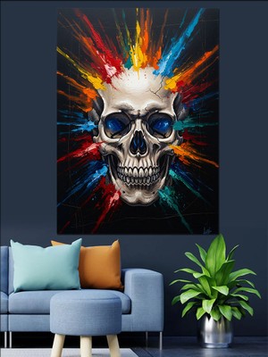 Tablomega Renkli Boya Patlamalı Kurukafa Tasarımı Dekoratif Kanvas - Mdf Ahşap Tablo