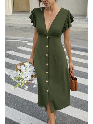 MiraLive Miray- Kadın Kısa Kollu V Yakalı Önden Düğmeli Bürümcük Midi Elbise