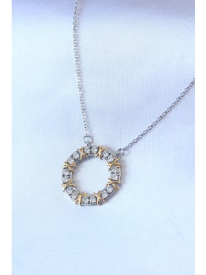 Marsilyan 316L Çelik Gümüş Renk Zirkon Taşlı Gold Detay Xoxo Kadın Kolye - TJ-BKO7459