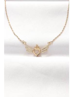 Eco Lounge 316L Çelik Gold Renk Zirkon Taşlı Kalpli Kanat Kolye