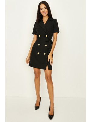 Select Moda Kadın Düğme Detaylı Kuşaklı Ceket Elbise Klasik Stil A-Line Kesim Siyah