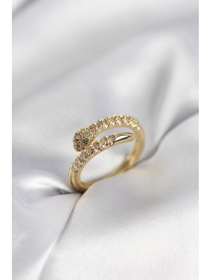 Marsilyan Yılan Model Gold Renk Zirkon Taşlı Kadın Yüzük - TJ-BYK3989