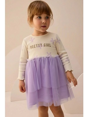 Simli Baskılı Tüllü Kız Çocuk Elbise