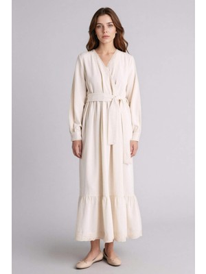 DeFacto Kuşaklı Keten Karışımlı Maxi Elbise H0199AX26SM