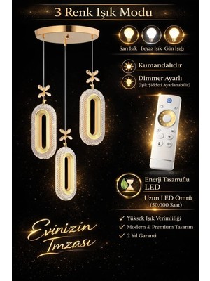 Marsel Lighting SERRA 3LÜ GOLD 3 Renk LED ISIKLI SALON MUTFAK  OTURMA ODASI ANTRE  AVİZE