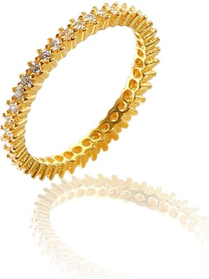 Söğütlü Silver 925 Ayar Gümüş Altın Renkli Zirkon Taşlı Tek Sıra Tamtur Yüzük