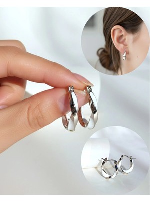 Keskin Gümüş Gümüş Beyaz Çevirmeli Halka Tasarım Geometrik Kadın Küpe Doğum Günü Hediye