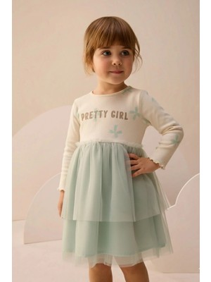 Simli Baskılı Tüllü Kız Çocuk Elbise
