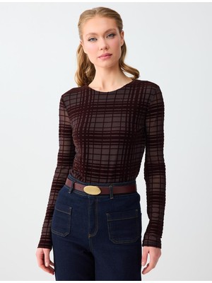 Jimmy Key Acı Kahve Bisiklet Yaka Ekose Desenli Mesh Örme Bluz