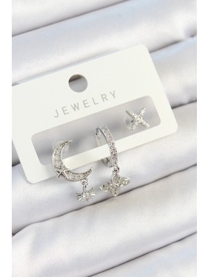 Eco Lounge Pirinç Zirkon Taşlı Çiçek ve Ay Model Gümüş Renk 3'lü Çift Kadın Küpe Set