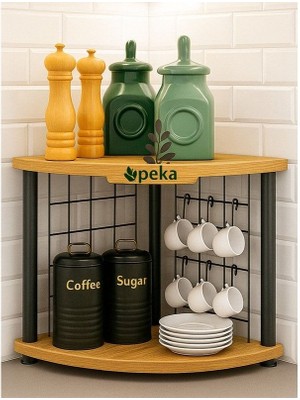 Peka Ahşap Tezgah Üstü Raf 33 x 44 x 43 cm Modern Tasarım Mini Kahve Köşesi ve Baharatlık