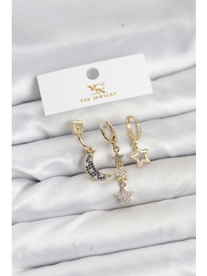 Marsilyan Pirinç Gold Renk Zirkon Taşlı Ay ve Yıldız Model Ysx Trio Küpe Seti - TJ-BKP11574