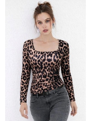 MiraLive Miray- Kadın Uzun Kollu Kare Yakalı Leopar Desenli Dalgıç Bluz