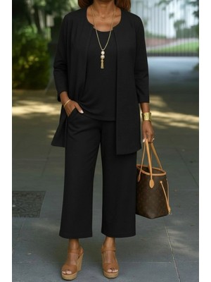 MiraLive Miray- Kadın Uzun Kollu Önü Açık Modal Ceket Kolsuz Viskon Iki Iplik Bluz ve Pantolon Üçlü Takım