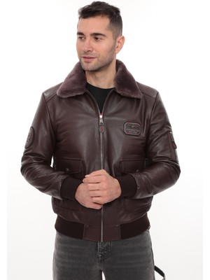 Deriburada Erkek Yakası Hakiki Kürklü Pilot Model Hakiki Jumbo Deri Mont