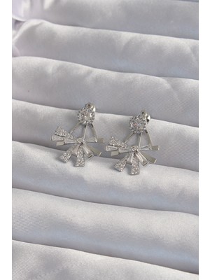 Marsilyan Pirinç Gümüş Renk Zirkon Taşlı Yassı Fiyonk Model Küpe - TJ-BKP9300