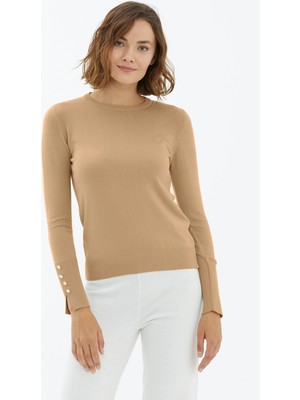 Sementa Sıfır Yaka Kolu Düğmeli Triko Kazak - Bej