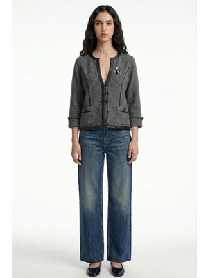 Sementa Suni Deri Biyeli Yün Triko Ceket - Koyu Gri - Siyah