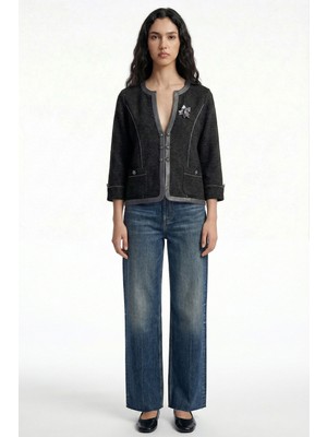 Sementa Suni Deri Biyeli Yün Triko Ceket - Siyah - Koyu Gri