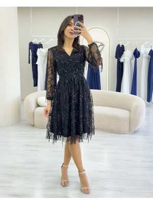 The Zks-Kadın V Yaka Pul Payet Büyük Beden Abiye Elbise Siyah