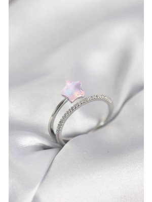 Erbilden Erb Gümüş Renk Zirkon Taşlı Pembe Halley Model Kadın Yüzük