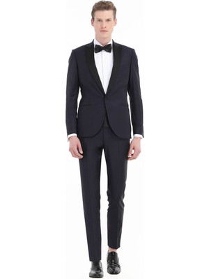 Ramsey Lacivert Düz Fashion Slim Fit Kruvaze Yaka Dokuma Smokin Takım Elbise