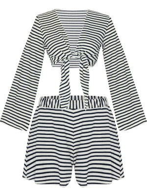 Aquella Siyah Çizgili Crop-Top Şort Takım