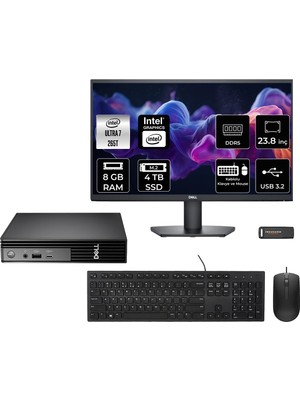 Dell Pro Micro QCM1250 Intel Core Ultra 7 265T 8gb 4tb SSD 23.8" Fhd Monitör Fdos Mini Masaüstü Bilgisayar & Per4 USB Bellek QCM1250BTO107P412