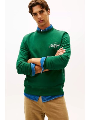 Tommy Hilfiger Erkek Modern Script Logolu Bisiklet Yaka Sweatshirt - Yeşil