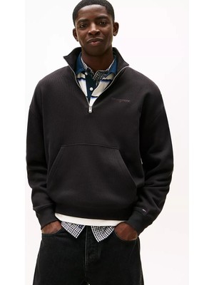 Tommy Hilfiger Erkek 90's Script Yarım Fermuarlı Sweatshirt - Siyah