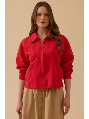 Seçil Kadın Gömlek Yaka Fermuarlı Ceket - Kırmızı