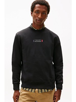 Tommy Hilfiger Erkek Brand Love Pamuklu Logolu Bisiklet Yaka Sweatshirt - Siyah