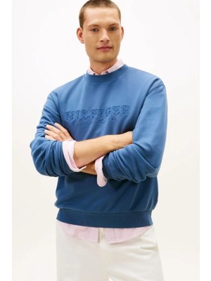 Tommy Hilfiger Erkek Kabartma Yazılı Pamuklu Sweatshirt - Mavi